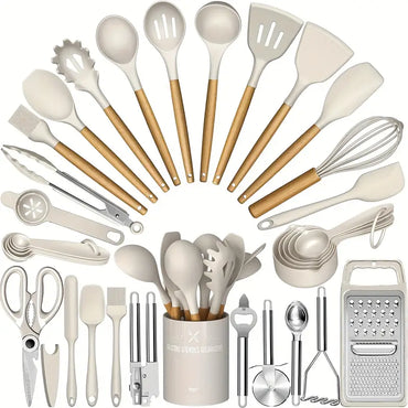 34PCS Heat-Resistant Silicone Cooking Utensil Set – Nonstick, With Holder & Wooden Handles