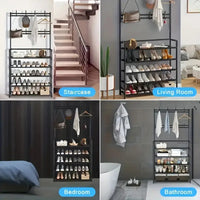 Black Metal Multi-Layer Shoe & Storage Rack with Hooks