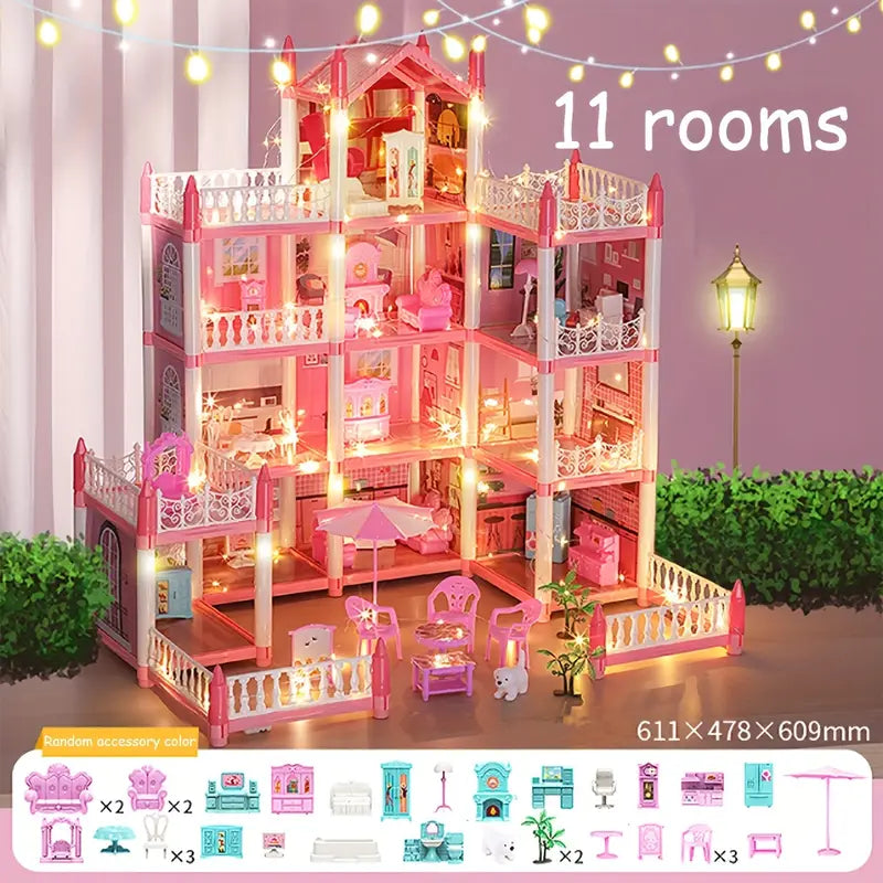 4-Story DIY Dollhouse Kit – Pretend Playhouse with Dolls & Furniture