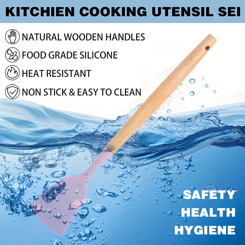 19pcs Silicone Kitchen Utensil Set | Heat-Resistant, Non-Stick with Wooden Handles
