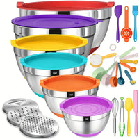 26pcs Stainless Steel Mixing Bowls Set with Airtight Lids & Kitchen Tools | Non-Slip Bottoms, 6 Bowls + 20 Tools + 3 Grater Attachments