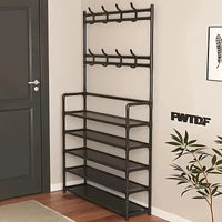 Black Metal Multi-Layer Shoe & Storage Rack with Hooks
