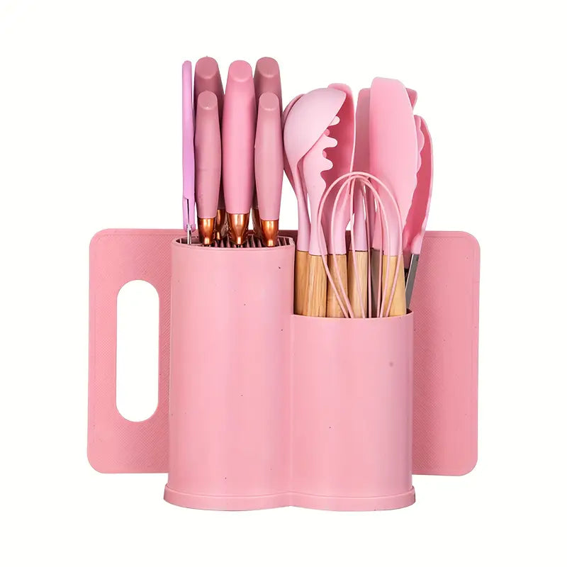 19pcs Silicone Kitchen Utensil Set | Heat-Resistant, Non-Stick with Wooden Handles