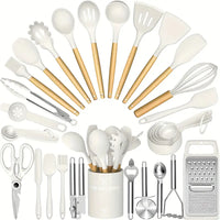 34PCS Heat-Resistant Silicone Cooking Utensil Set – Nonstick, With Holder & Wooden Handles