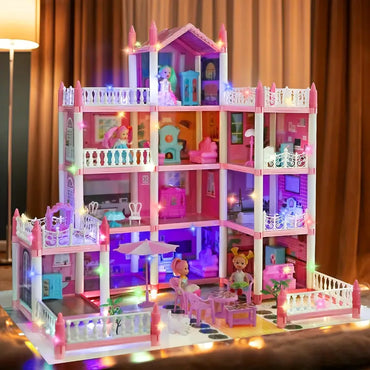 4-Story DIY Dollhouse Kit – Pretend Playhouse with Dolls & Furniture